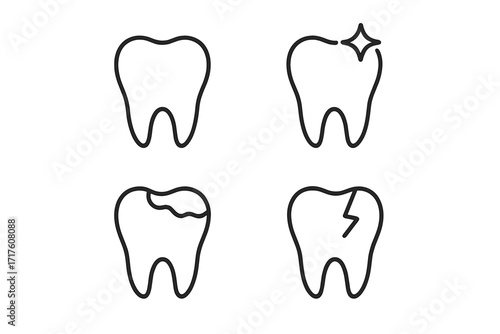 Tooth line icon set. Dental care concepts. Healthy, clean, sparkling, broken tooth, and caries icon. Dentistry, stomatology pictogram pack. Editable stroke vector illustration.
