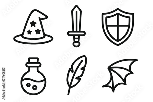 Vector fantasy icon collection in minimalist line art style. Magic wizard hat, medieval sword, shield, potion bottle, feather quill, and dragon wing for role-playing games.