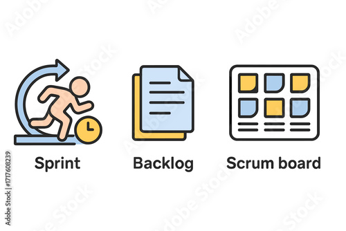 Agile methodology project management icon set with sprint, backlog, and scrum board. Vector symbols for workflow, kanban process, task planning, and software development.