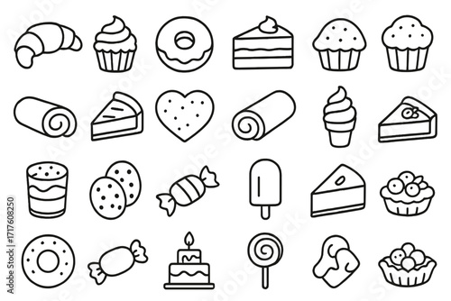 Dessert and pastry thin line icon set. Collection of sweets, bakery and confectionery symbols. Donut, cake, cupcake, cookie, candy and ice cream outline vector icons for menu.