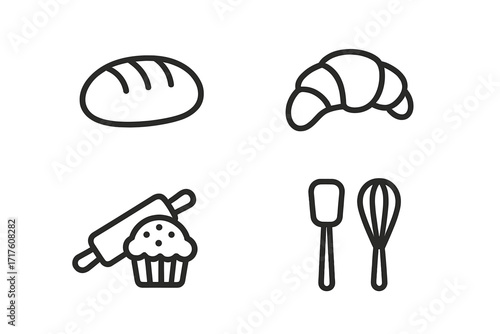 Bakery icon set in minimal linear style. Vector graphics of bread, croissant, cupcake, rolling pin, whisk, and spatula. Pastry and baking elements for cooking logo or menu.