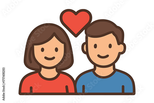 Happy couple in love vector icon. Man and woman with a red heart. Symbol of love, romance, and relationship. Perfect for Valentine's day card or dating app logo. Flat design.