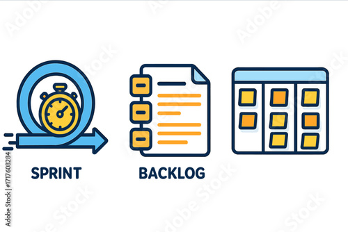 Agile methodology icons for project management. Vector set with sprint, backlog, scrum board. Workflow process symbols for software development, task planning, and kanban method.