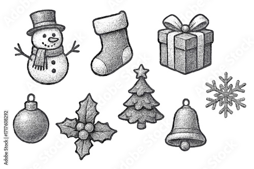 Christmas holiday icon set with stippling effect. Hand drawn winter vector elements collection. Retro snowman, gift, tree, snowflake, holly, bell, stocking illustration.