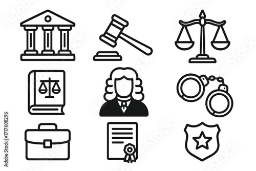 Law and justice black line icon set. Legal system, crime and punishment symbols. Courthouse, judge, gavel, scales of justice, handcuffs, police badge, law book vector pack.
