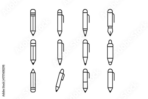 Pen and pencil line icon bundle. Editable stroke vector graphic set. Minimalistic linear pictograms for writing, drawing, school, and office. Stationery design elements for UI.