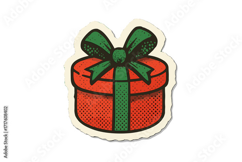 Christmas gift box halftone collage. Torn paper sticker effect. Retro present with bow. Cut out magazine shape for scrapbooking. Vector cartoon illustration for holiday design.