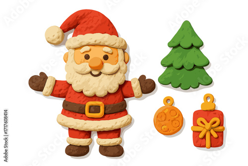 Santa Claus Christmas clay element set in naive childish style. Isolated plasticine toy collection. Vector cartoon illustration for holiday design. 3D render graphic icons.