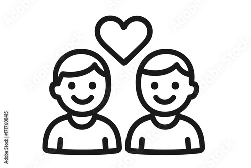 Gay couple icon. Two men in love. LGBTQIA symbol. Homosexual relationship. Friendship concept. Happy friends. Brotherhood. Simple line vector illustration for valentine's day.