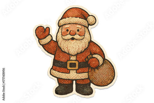 Santa Claus Christmas torn paper sticker. Vintage naive halftone collage style illustration. Vector cartoon character with gift sack. Waving Father Frost isolated graphic.