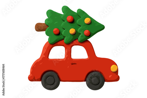 Red car with Christmas tree on roof. Plasticine clay handmade illustration. Holiday tradition transporting a fir tree. Cute childish cartoon vector for winter design decoration.