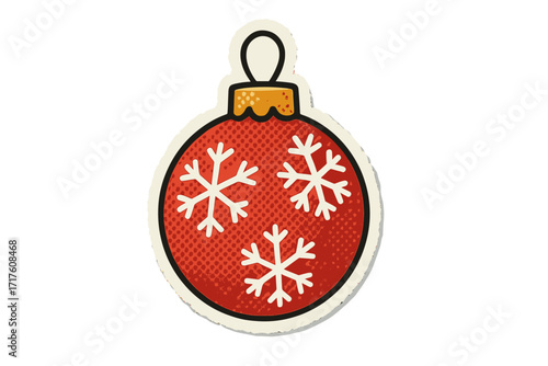 Christmas bauble decoration with snowflakes. Halftone torn paper effect. Magazine cutout sticker for collage. Xmas scrap paper vector. Holiday graphic for festive season design.