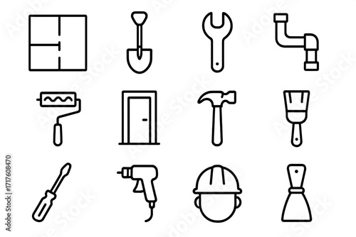 Repair and renovation icon set. Construction tools collection. Home improvement, DIY. Vector line symbols for web, app design. Hammer, wrench, drill, paint roller, floor plan icons.