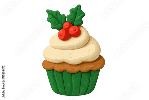 Christmas cupcake with holly berries. Festive holiday dessert. 3D plasticine model in a naive, childish style. Isolated vector cartoon illustration for Xmas celebration. Sweet food.
