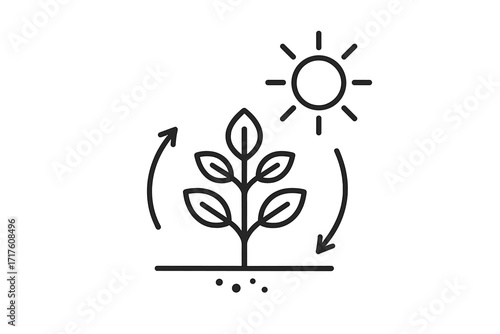 Photosynthesis process thin line icon. Plant with sun, leaves and roots. Natural energy exchange, biology and growth cycle concept. Vector for ecology, sustainability, eco.