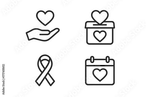 Charity and donation line icon set. Minimalist vector symbols for philanthropy, fundraising, and volunteering. Features heart in hand, donation box, awareness ribbon, calendar.