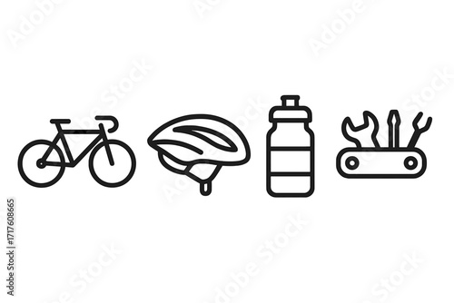 Set of bicycle equipment icons. Bike, helmet, water bottle, multitool for repair. Vector line art illustration for cycling sport, hobby, and outdoor activity. Isolated on white.