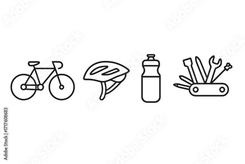 Cycling essentials icon set. Linear style vector of bike, helmet, water bottle, and multi-tool. Bicycle gear and equipment symbols for web, app, and print design.