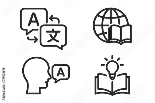 Language translation icon set. Global education and communication concept. Learning, knowledge, and creative ideas. International dictionary and speaking pictogram collection.