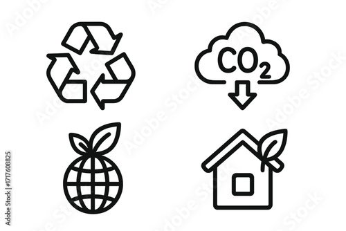 Eco icons set. Recycle, CO2 reduction, sustainability, green living symbols. Ecology, environment, and climate change concept. Minimalist line art vector illustration collection.