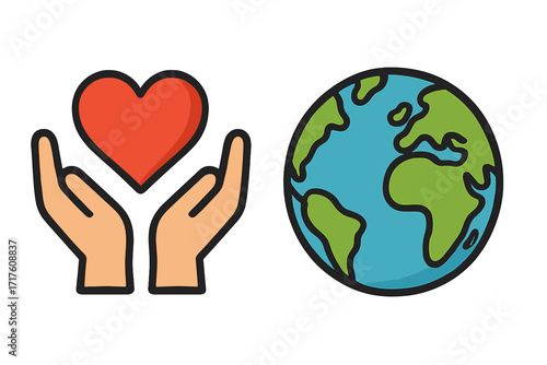 Hands holding heart and planet Earth icons. Earth Day concept. Metaphor for environmental protection, global charity, love, peace, and saving the world. Volunteer help vector.