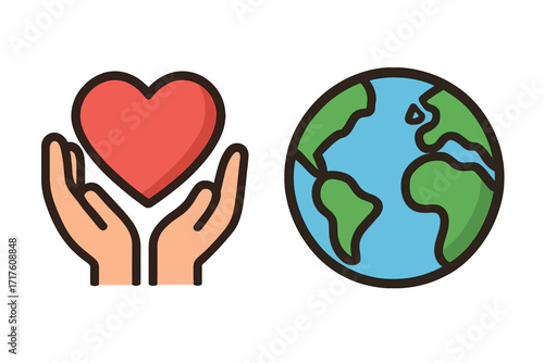 Vector icon set. Hands holding heart. Earth planet. Love, care, donation, charity. World health day. Environment protection & conservation. Global ecology. Volunteer. Flat cartoon.