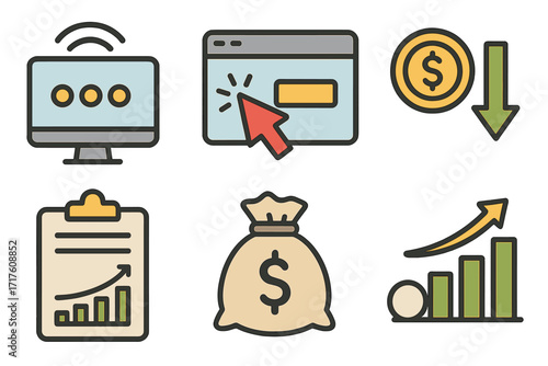 Essential advertising metrics icon set for digital marketing success. Vector symbols for impressions, CTR, CPC, conversion, budget, and ROI. Business analytics report concept.