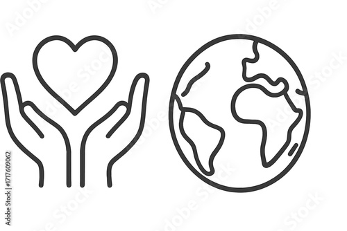 Hands hold heart and Earth globe icon set. Concept of love for the planet, environmental care, ecology, charity, donation, world health, peace, support. Vector line art.