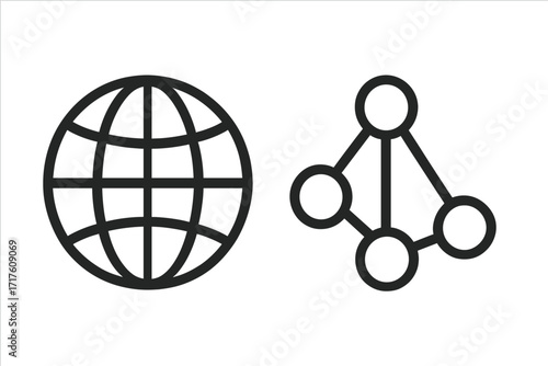 Global communication icon set. Globe and network connection symbol for web and internet. Vector illustration of worldwide data sharing and technology concepts in a simple linear style.