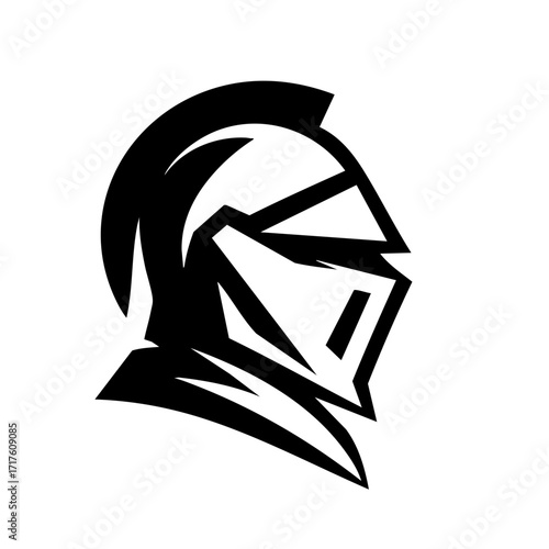 Minimalist knight helmet logo with modern angular shapes, black and white, no background
