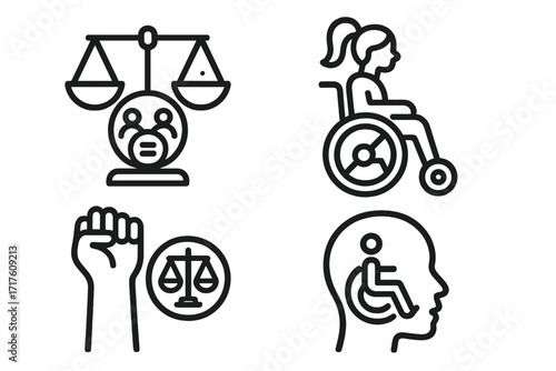 Inclusive legal icons for equality, accessibility, social justice. Vector line art set. Concept for disability rights, human rights protest, law symbol, and inclusion design.
