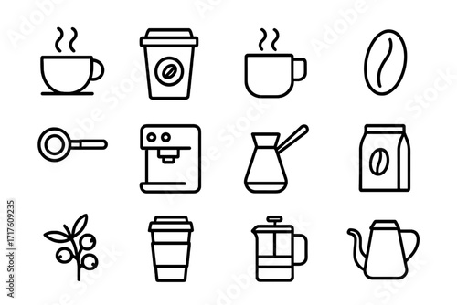 Coffee icon set. Simple linear icons for coffee shop and cafe menu. Includes coffee cup, machine, bean, french press, pot. Editable stroke vector pictogram collection.