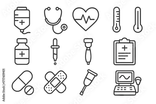 Medical icon set. Healthcare, medicine, diagnostics outline symbols. Hospital equipment concept. Stethoscope, cardiogram, plaster, crutch, pill, ultrasound, IV bag. Vector.