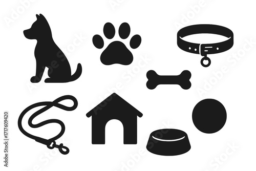 Silhouette dog icons and pet accessories set, paw print, bone, collar, leash, kennel, ball, bowl, vector cartoon illustration with transparent background for pet care and dog lovers