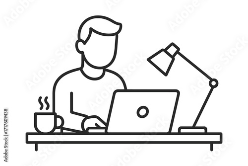 Person working at desk with laptop computer, vector thin line icon illustration of remote work, home office setup, business workspace, productivity concept during pandemic