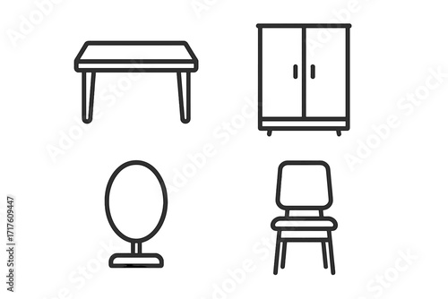 Furniture line icon set. Table, closet, mirror, chair. Minimalist home interior pictogram collection. Simple outline symbol for web, app, UI, UX. Editable stroke vector.