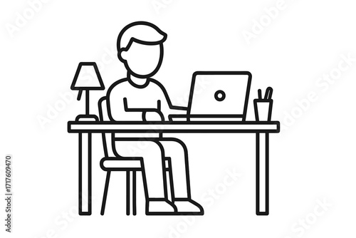 Person working on laptop at desk with lamp and stationery, vector thin line icon illustration, remote work concept, home office environment, business workspace during pandemic