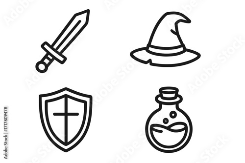 Medieval fantasy RPG icon set. Simple line art symbols for games. Vector illustration of a sword, wizard hat, shield, and magic potion. Knight and sorcerer items for UI design.
