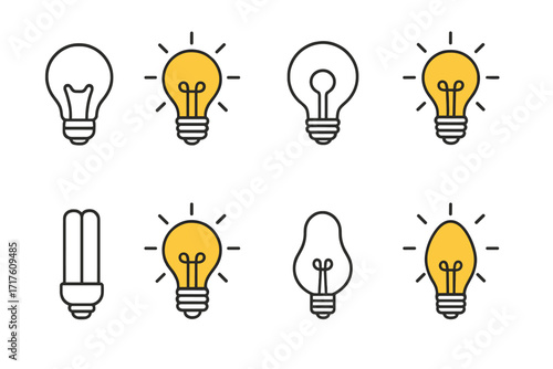 Set of different light bulb styles vector icons, thin line outline and colorful filled outline design, for ideas, solutions, innovation, energy, brain storming concepts, on and off states