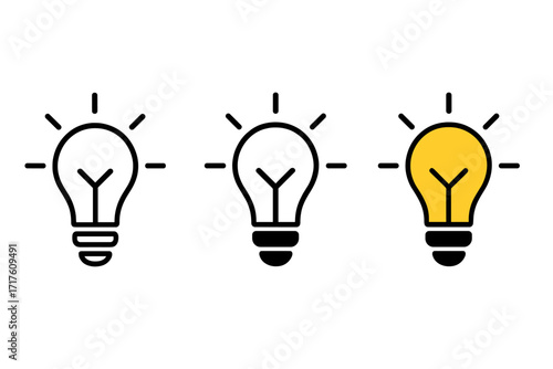 Light bulb icon set. Vector illustration for idea, solution, innovation, creativity. Metaphor for brainstorming, thinking, inspiration. Thin line electric lamp symbol collection.