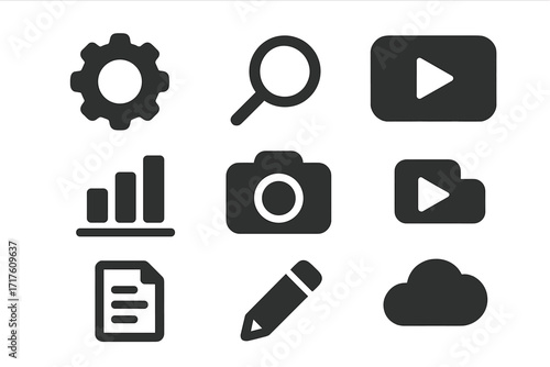 Minimalist icon set for web and app design. Solid black glyphs for user interface (UI) and user experience (UX). Vector symbols for settings, search, video, stats, and cloud.