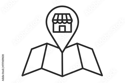 Map with GPS pin showing store location. Vector line icon for concepts of local business search, shopping, and restaurant finding. Navigation symbol for finding a retail shop.