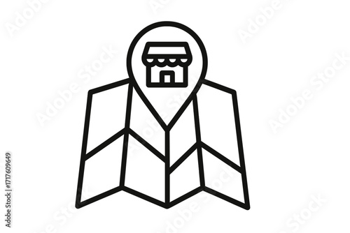 Map with store location pin icon. Local business search concept. GPS navigation to a shop or restaurant. Geolocation marker symbol. Vector thin line illustration.