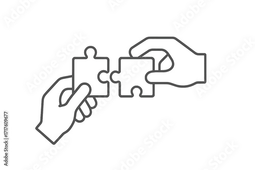 Hands connecting puzzle pieces line icon. Business solution, teamwork, and partnership concept. Collaboration and problem-solving metaphor. Strategy, connection, and success symbol.
