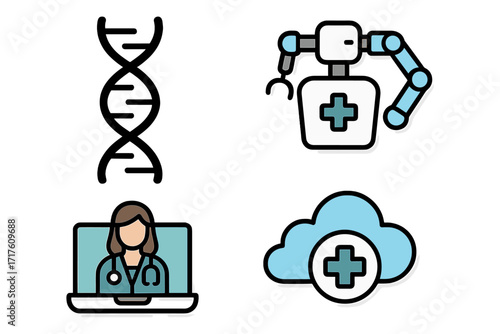 Medical technology icons for digital health innovation. Telehealth, genetics, medical robotics, cloud data. Future of medicine, AI surgery, EMR, online doctor concepts.