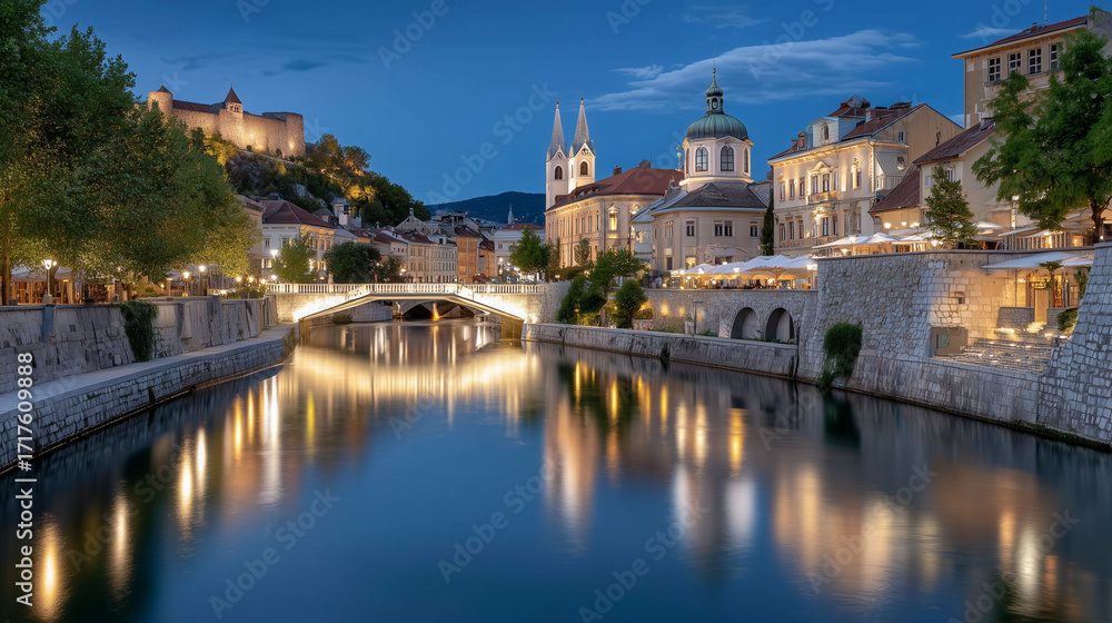 Fototapeta premium A picturesque riverside city at twilight, where warm golden lights illuminate elegant historic buildings and reflect beautifully on the calm water. A graceful bridge spans the river, leading to charmi