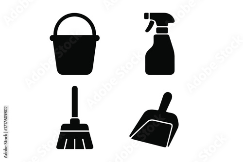 Cleaning icon set vector. Household tools bold silhouettes. Janitorial service equipment pictograms. Bucket, spray bottle, broom, dustpan. Domestic work and hygiene graphic.