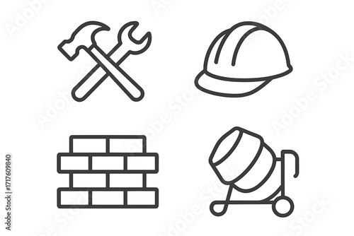 Construction icon set. Minimalist line art vector. Symbols for building and repair. Includes tools, hard hat, brick wall, concrete mixer. Outline pictogram collection.