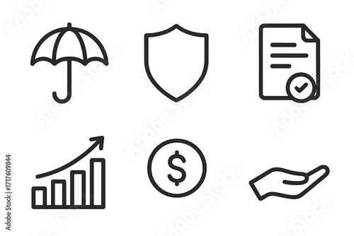 Insurance icon set. Protection, security, claim, financial growth, and support symbols. Vector line art of umbrella, shield, document, chart, coin, and helping hand.