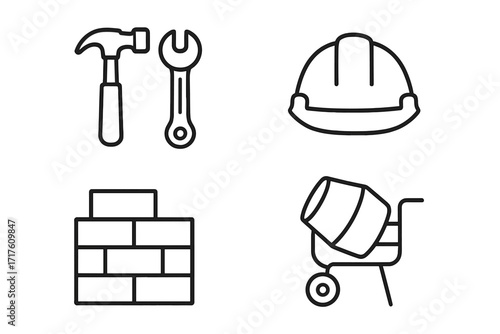 Construction line icon set for building and repair work. Vector graphic collection includes hammer, wrench, safety hard hat, brick wall, and portable concrete mixer symbols.